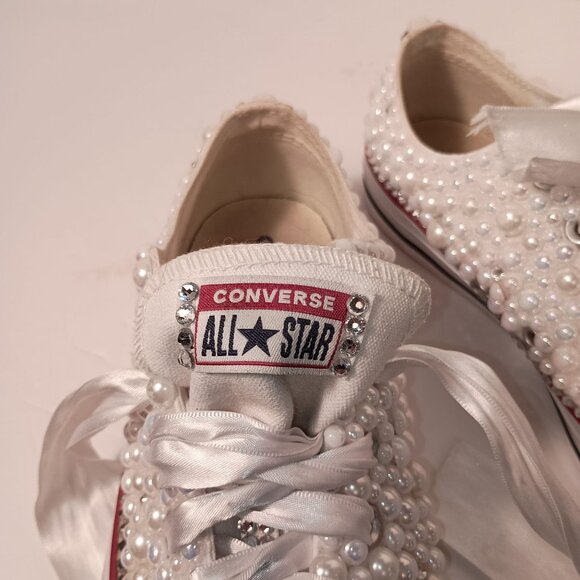 Converse All Star Bridal/Prom Pearls Rhinestones & Ribbons Sneakers Size 9.5 - Picture 3 of 12